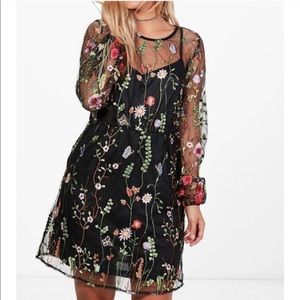 Boohoo Sheer Embroidered floral dress w/ sleeves